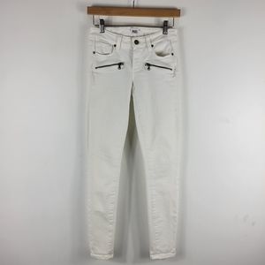 Paige Indio Zip Moto Zip Mid Rise Skinny White Jeans